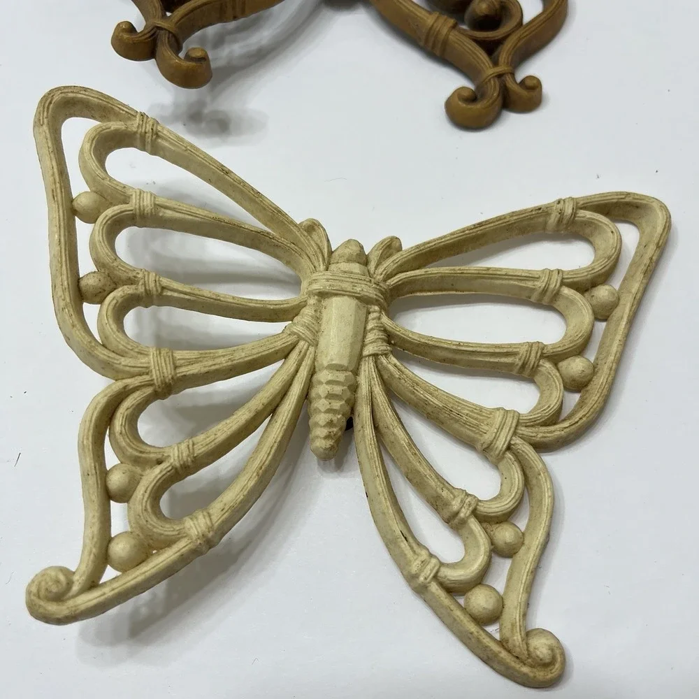 VTG Homco Butterflies Wall Decor Boho Faux Wood Rattan 1970s USA MCM - Set of 3